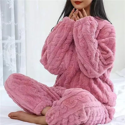 Winter Warm Coral Velvet Pajamas Set for Women Thick Fluffy Sleepwear Lounge Suit Cozy Soft Homewear Outerwear for Cold Weather